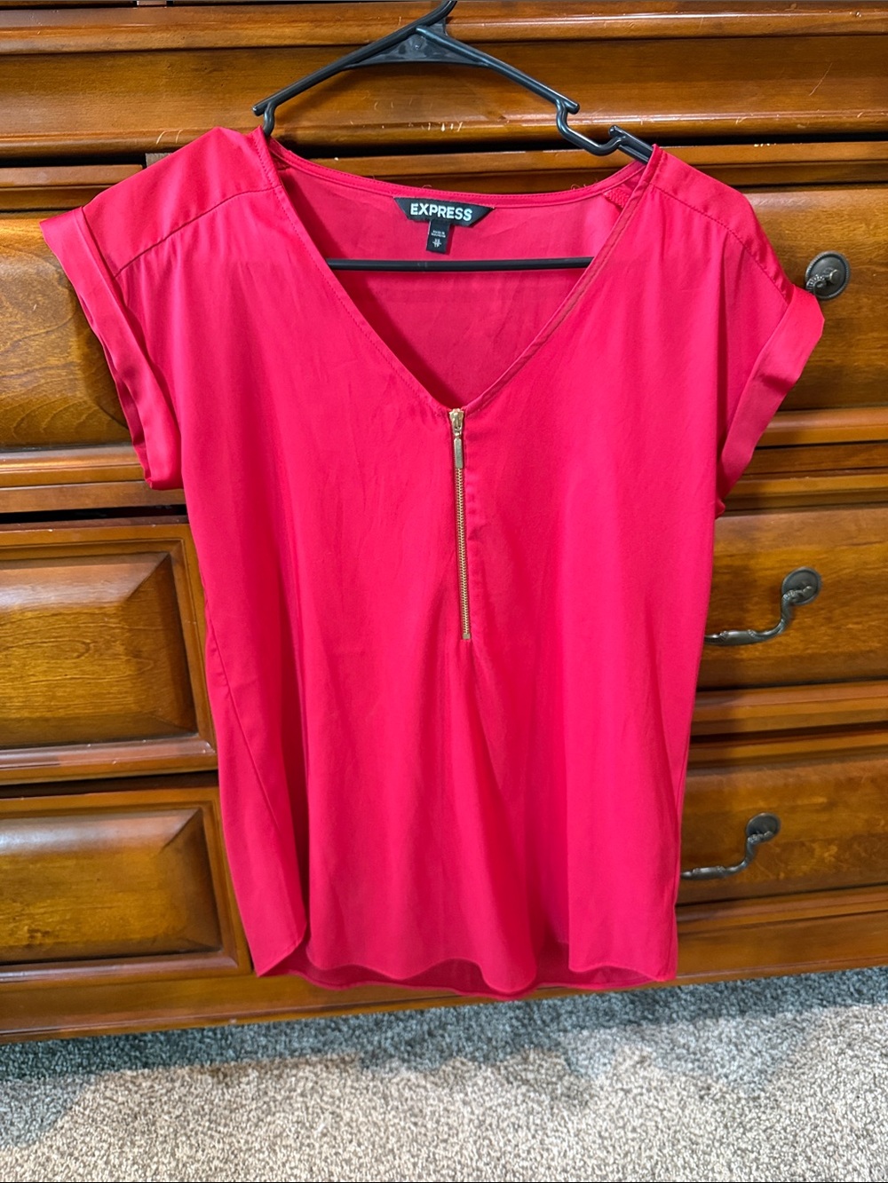 Express Red V-Neck Zip Front Blouse